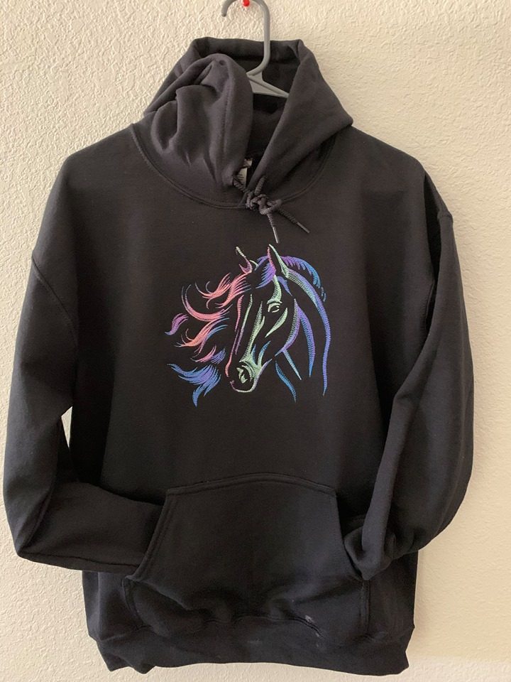 Charcoal hoodie with a pink and blue embroidered horse head design